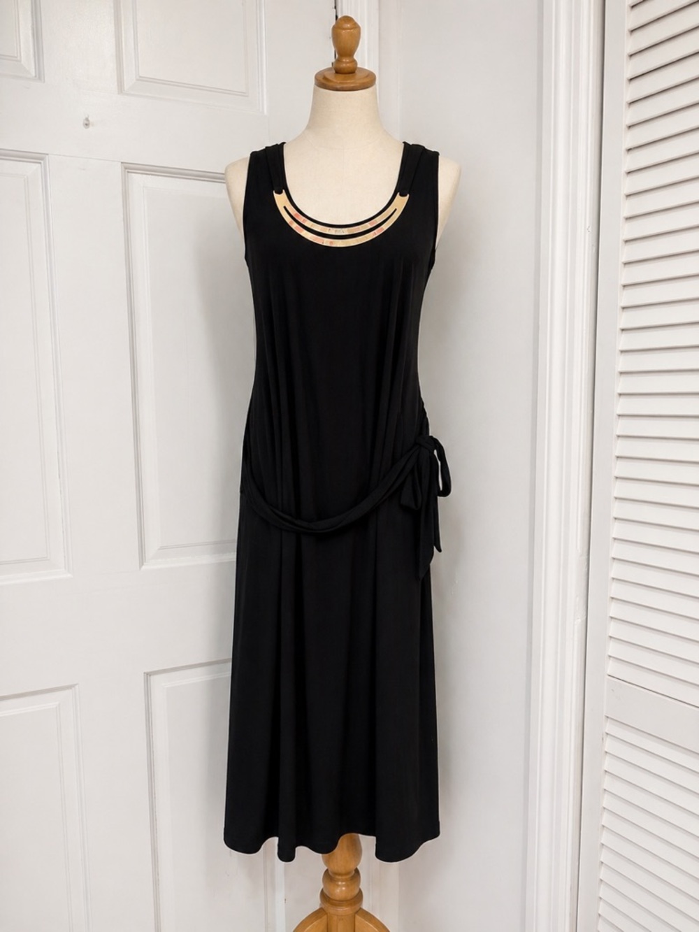 NY Collection Black Sleeveless Midi Dress with Striped Neck Detail